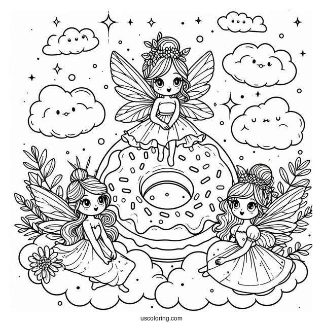 Fairies Surrounding A Donut Coloring Page In The Clouds