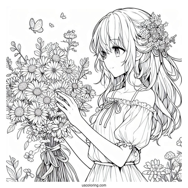 Anime Girl Gathering Flowers In The Summer Coloring Page For Kids