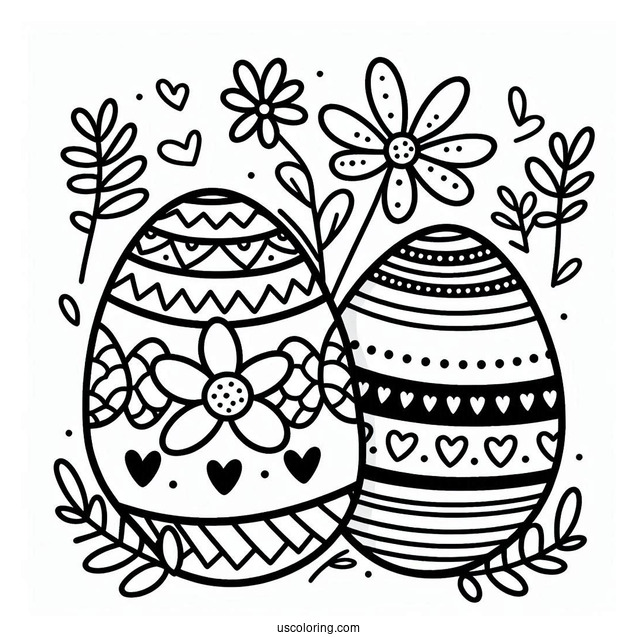 Easter Egg Coloring Page with Flower, Stripe, and Heart Patterns For Preschoolers