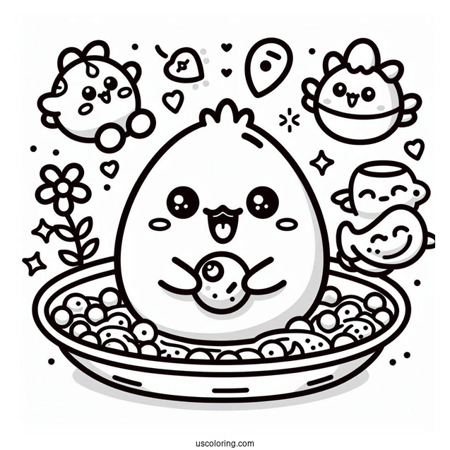 Tamagotchi Coloring Page Of Kuchipatchi, Mametchi, Lovelin, Chamametchi, And Friends Eating For Kids