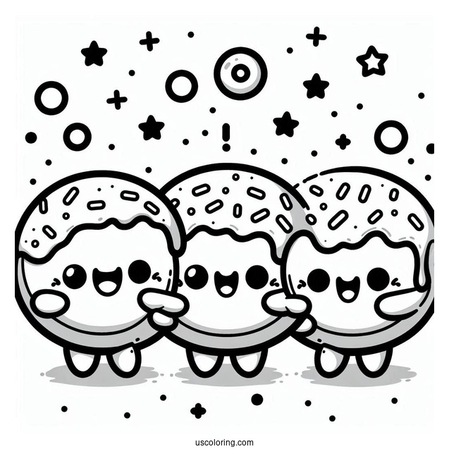 Three Kawaii Mini Donut Coloring Page For Kids