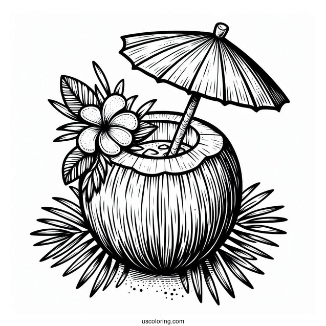 Coconut Coloring Page Piña Colada With Flower And Mini Umbrella