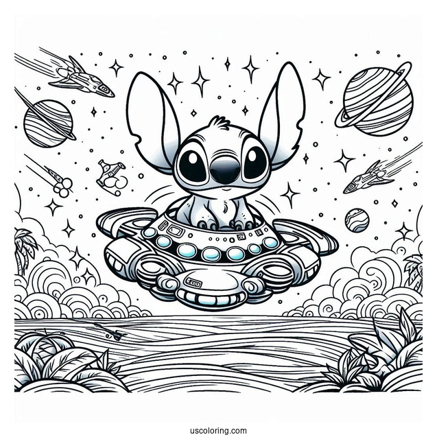 Lilo & Stitch Coloring Page Of Alien Spaceship In Outer Space