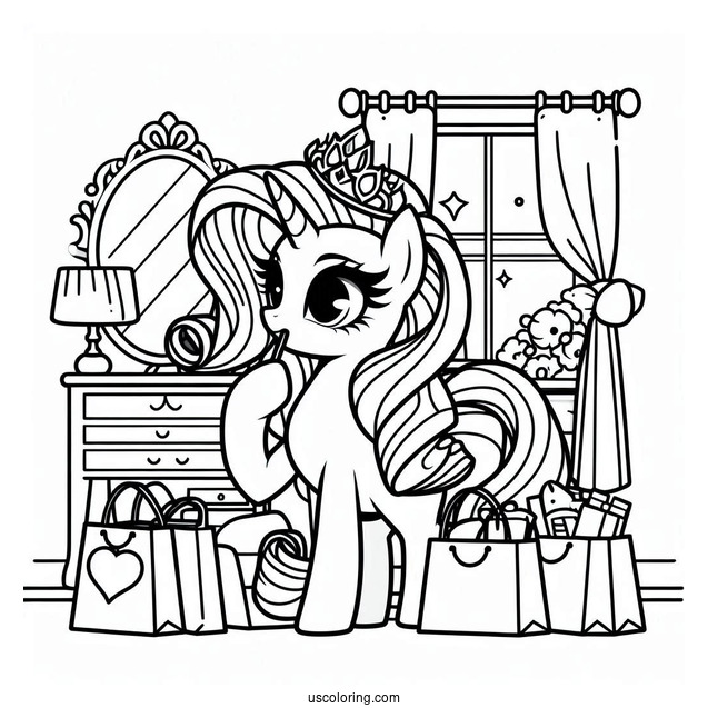 Elegant Rarity Coloring Page In Her Room With Shopping Bags