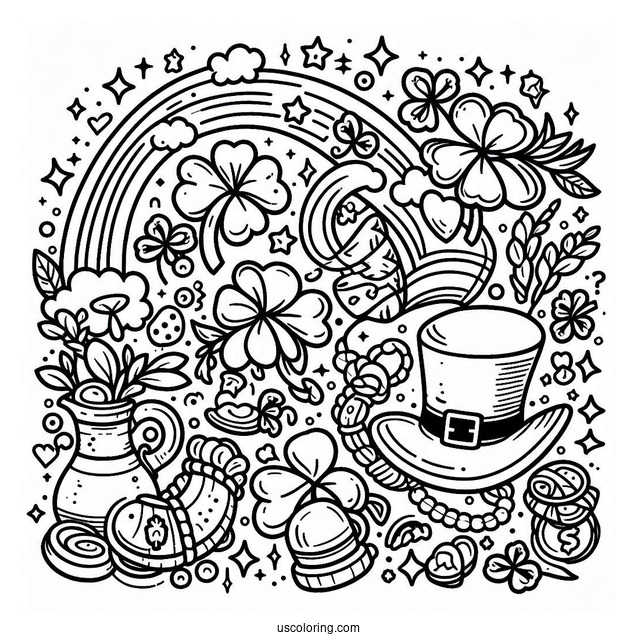 Happy St Patrick_s Day Coloring Page With Rainbow And Lucky Charms