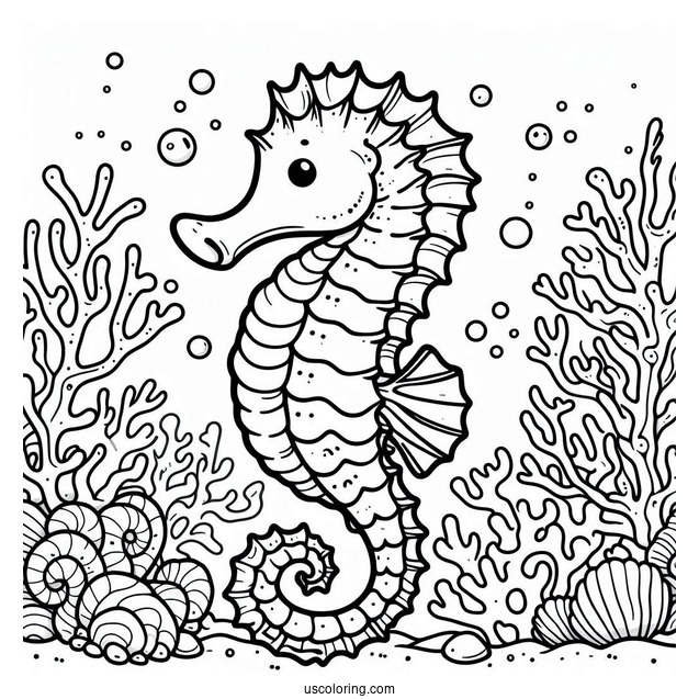 Cartoon Seahorse Surrounded By Coral