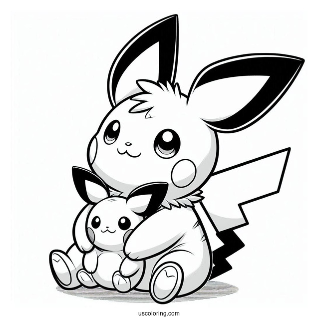 Pichu Coloring Page Sitting With Stuffed Toy Raichu