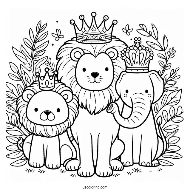 Jungle Animal Crown Coloring Page with Lion, Elephant, and Leopard For Preschoolers