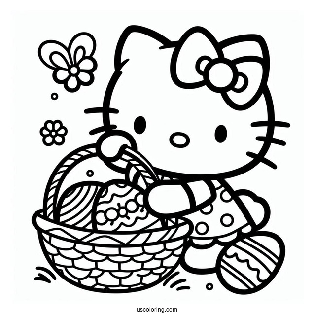 Hello Kitty Collecting Eggs Easter Coloring Page For Kids