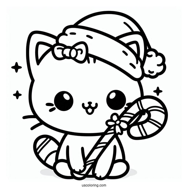 Kawaii Cat With Santa Hat Holding A Candy Cane Coloring Page For Preschoolers