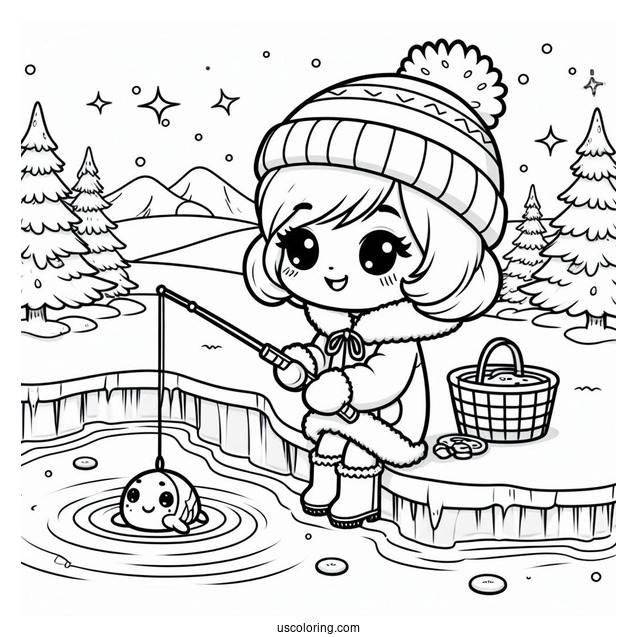Children Ice Fishing In The North Pole Coloring Page For Kids