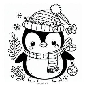 Cute Christmas Penguin With Decorations Coloring