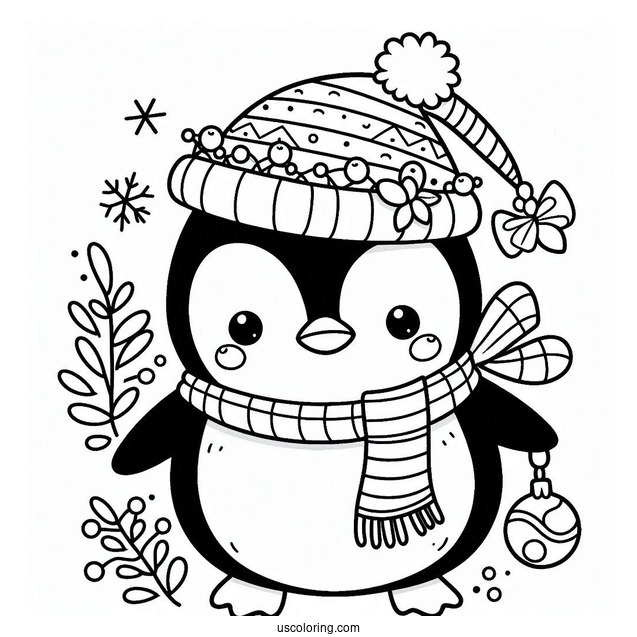 Cute Christmas Penguin With Decorations Coloring