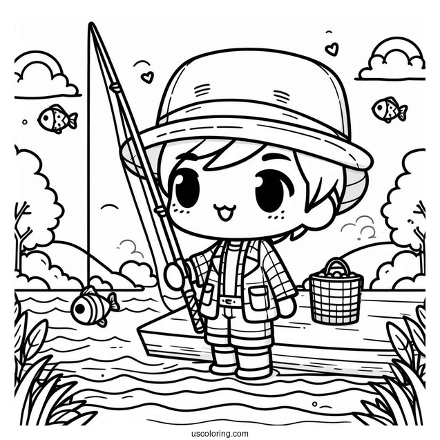 Fishing Coloring Page Of Kawaii Chibi Man Holding Fishing Rod In Front Of River