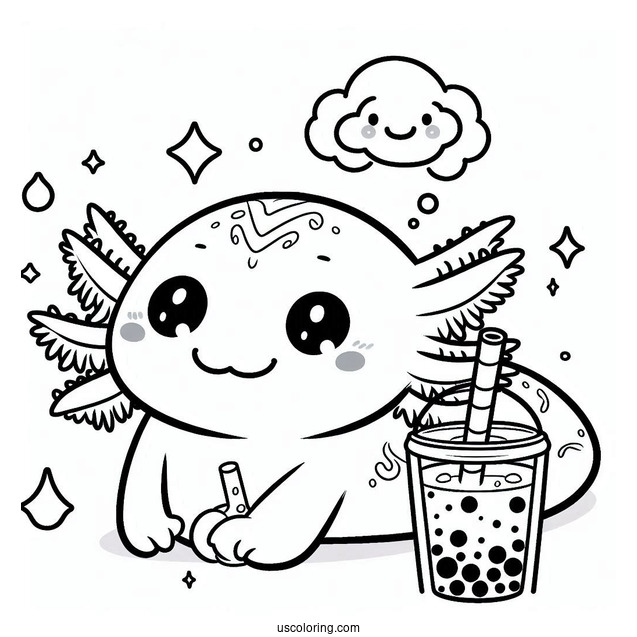 Cute Coloring Page Of Axolotl Drinking A Boba Tea