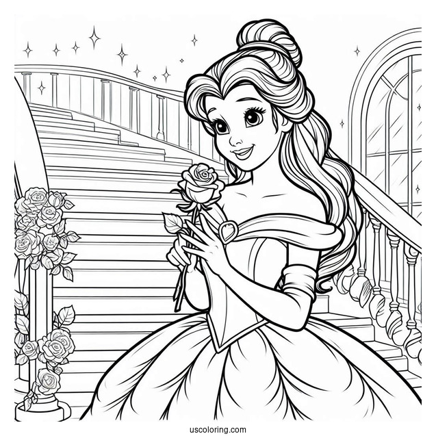 Princess Coloring Page Of Belle Holding Rose On Staircase