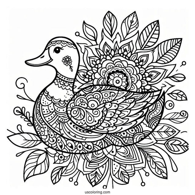 Intricate Duck Mandala with Floral Patterns Coloring Page For Adults
