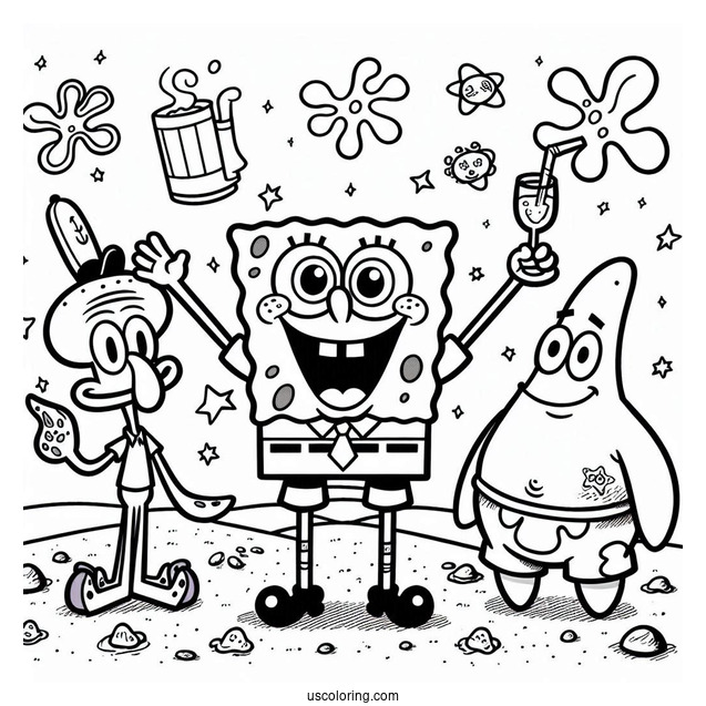 SpongeBob With Patrik, Squidward And Sandy To Color