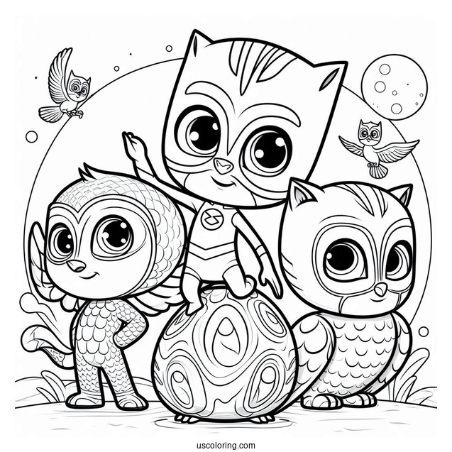 PJ Masks Coloring Page Of Gekko, Owlette, And Catboy Poster