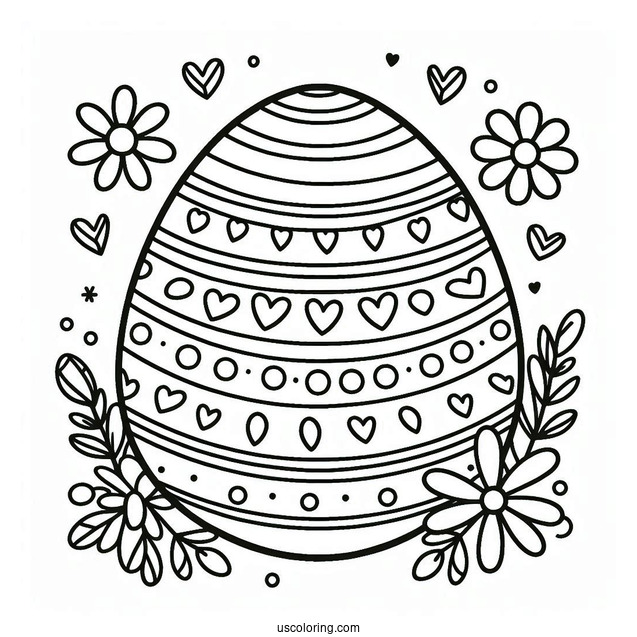 Easter Egg Coloring Page with Flower, Stripe, and Heart Patterns For Preschoolers