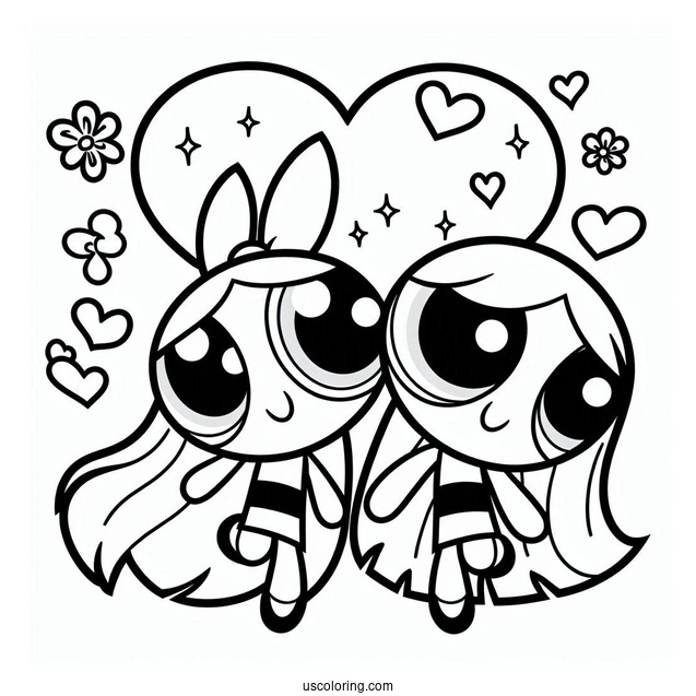 Powerpuff Girls In Love Heart Coloring Sheet