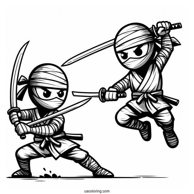 Easy Ninja With Swords In A Fight Coloring Page For Kids
