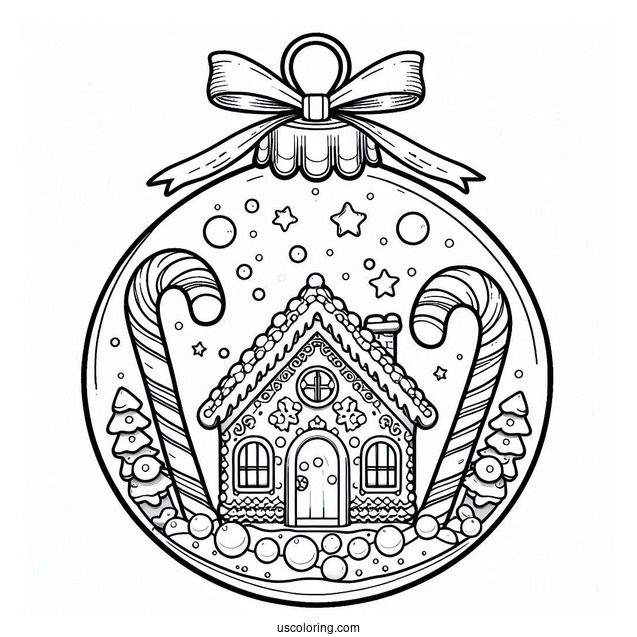 Gingerbread House And Candy Canes Inside Bauble Christmas Ornaments Coloring Page