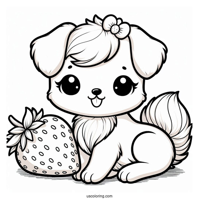 Cute Chibi Dog On Strawberry Coloring Page