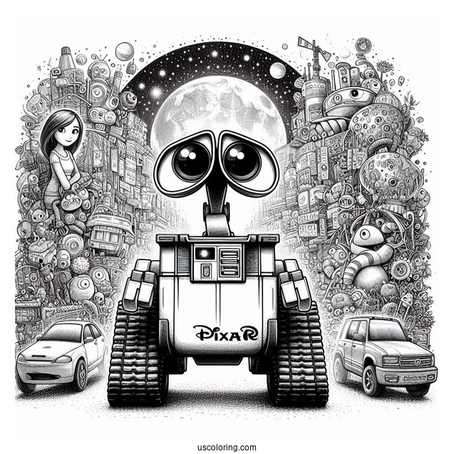Pixar Coloring Page of Detailed Wall E With Eve