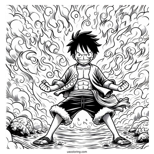 Luffy Coloring Page In Battle Mode Surrounded By Fire