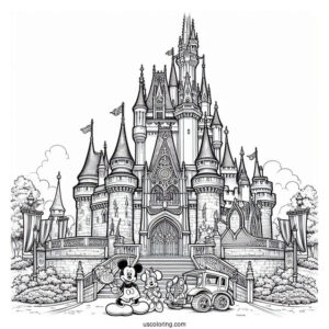 Realistic Disney World Castle Coloring Page With Walt Disney And Mickey Mouse