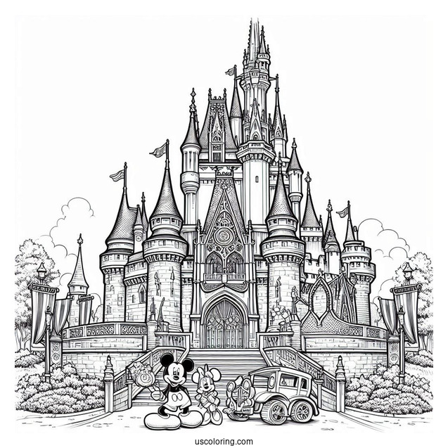 Realistic Disney World Castle Coloring Page With Walt Disney And Mickey Mouse