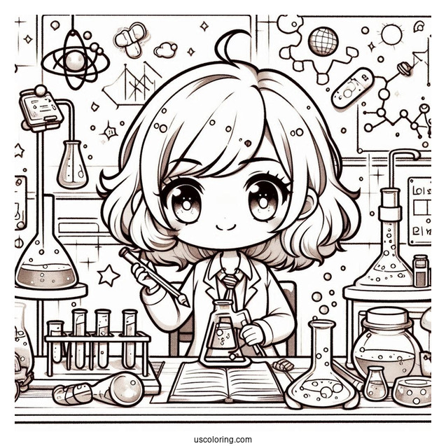 Science Coloring Page Of Chibi Girl Performing Science Experiments In A Lab
