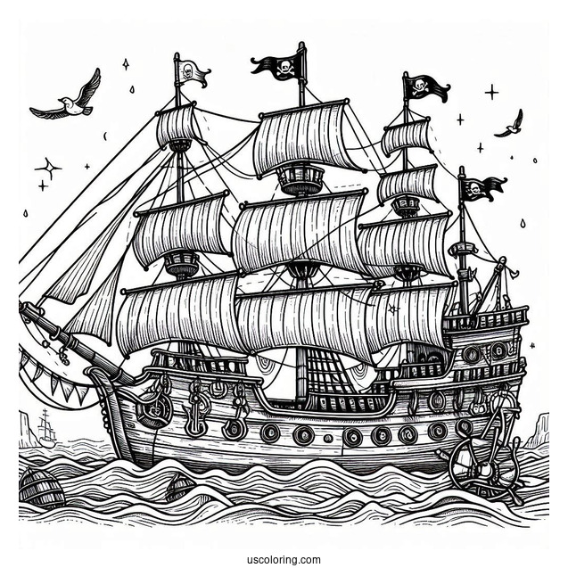 Detailed Pirate Coloring Page Ship At Sea
