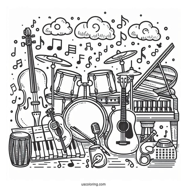 Music Coloring Page Of Drum, Guitar, Violin, Tambourine, And Piano