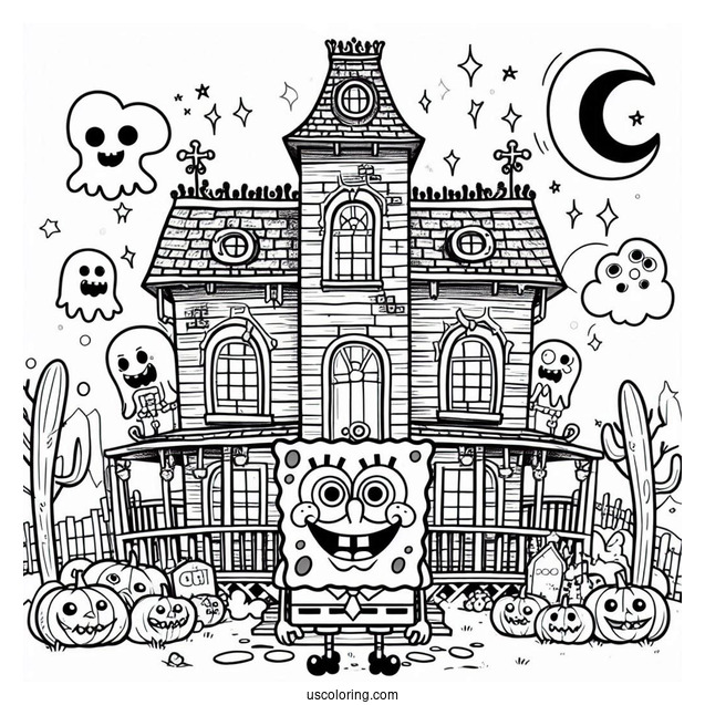 Adorable SpongeBob Coloring Page In Front Of Haunted House