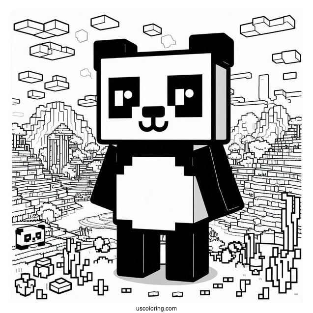 Minecraft Panda Coloring Page Standing in Pixel Landscape For Kids