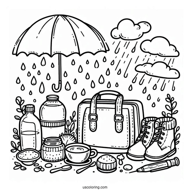 Rain Coloring Page Of Things To Bring On A Rainy Day
