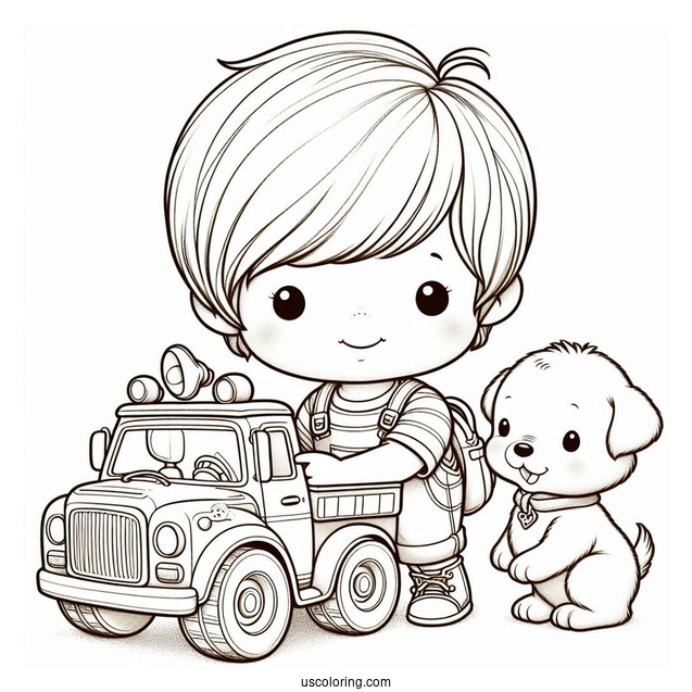 Precious Moments Coloring Page Of Boy With Toy Truck And Puppy