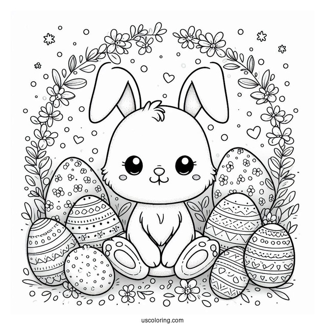 Cute Easter Bunny Coloring Page Surrounded By Eggs