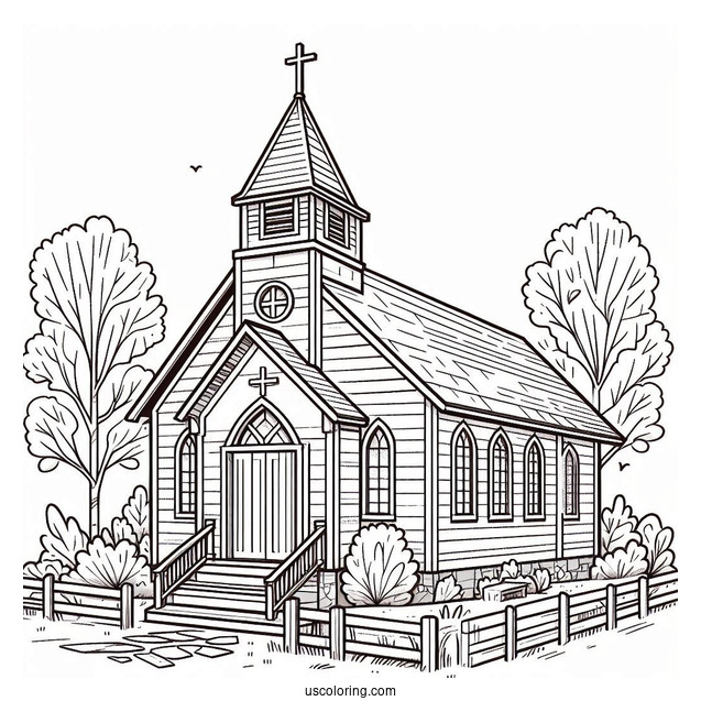 Angled View Of A Small Church Coloring Page Building