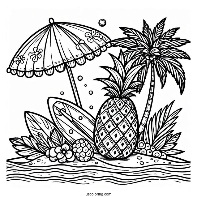Pineapple Surfing In Summer Coloring Page For Kids
