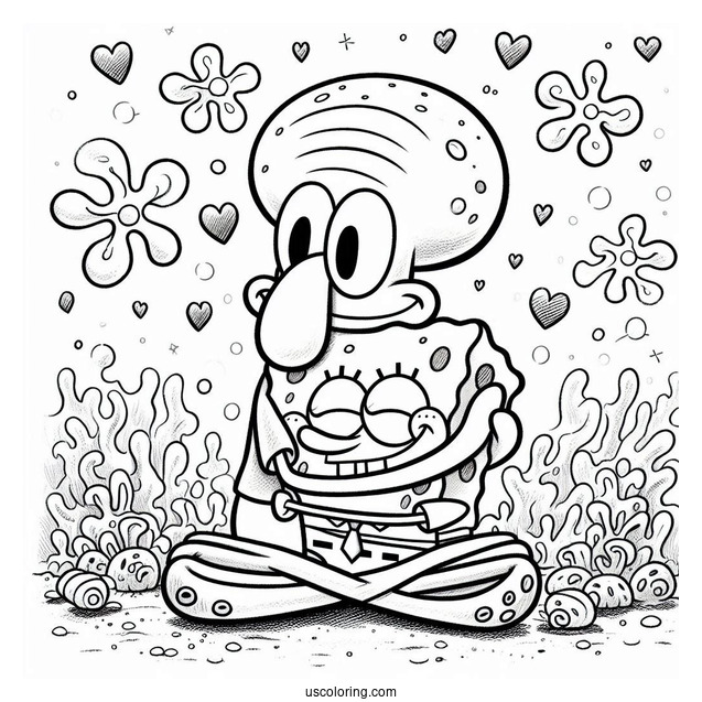 SpongeBob Hugging Squidward Coloring Page