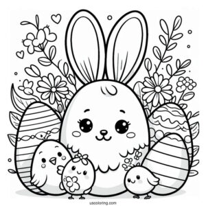 Smiling Easter Egg Coloring Page Bunny with Chicks and Flowers