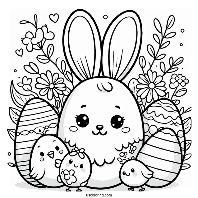 Smiling Easter Egg Coloring Page Bunny with Chicks and Flowers