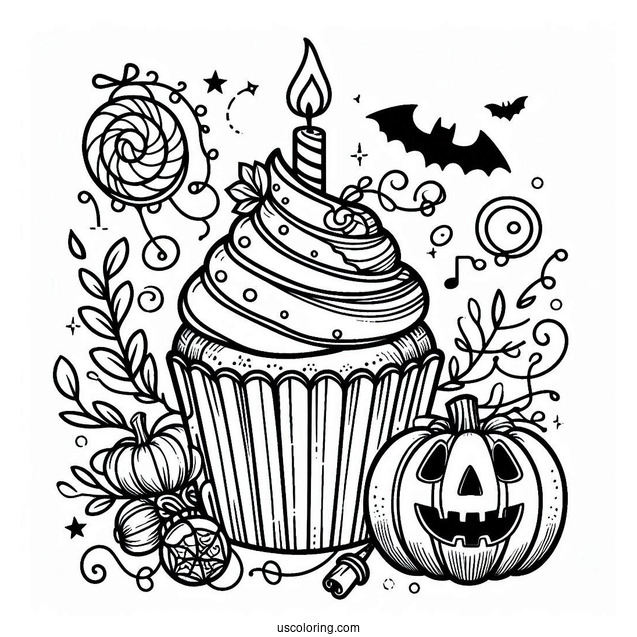 Coloring Page Of Halloween Cupcake With Jack O Lantern