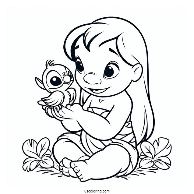 Lilo Holding a Baby Bird Coloring Page