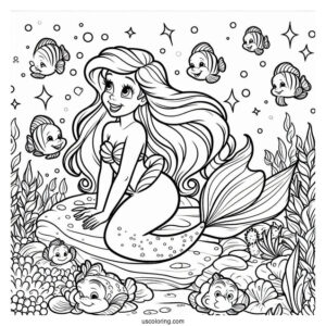 Coloring Page Of Ariel Under The Sea With Flounders