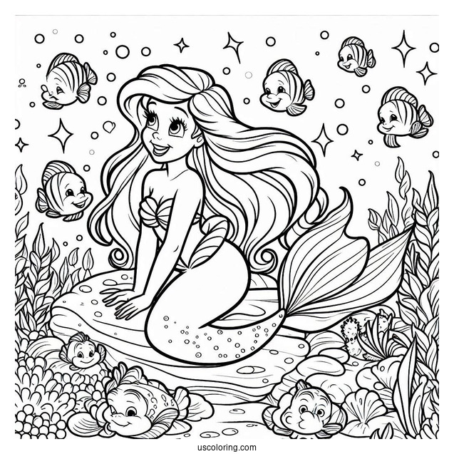 Coloring Page Of Ariel Under The Sea With Flounders