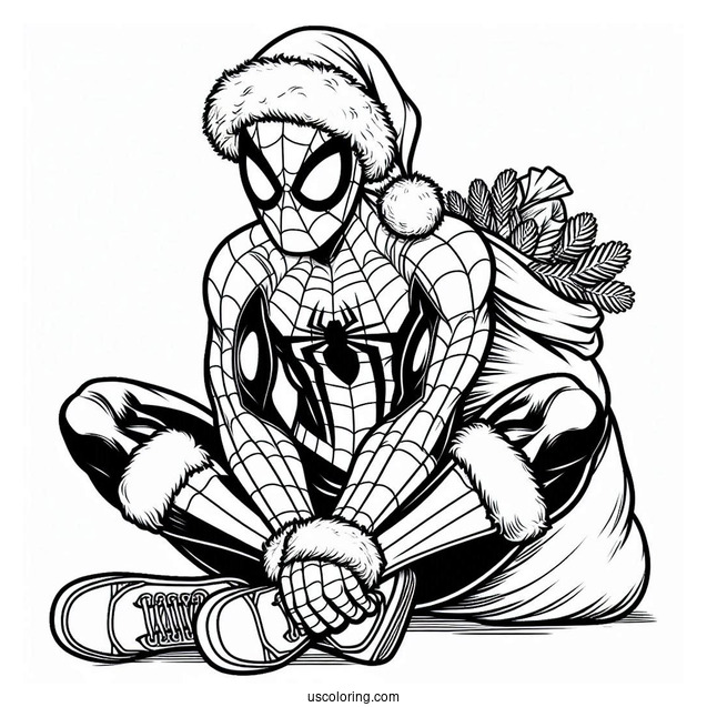 Christmas Spider-Man With Santa Sack To Color